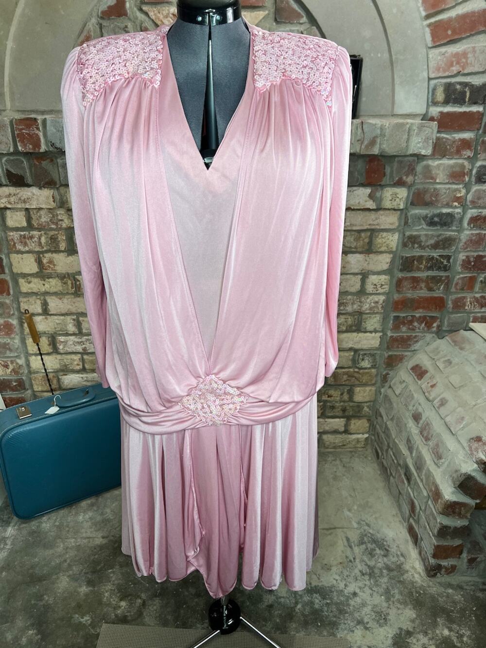dress pink drop waist satin long sleeve shoulder pads barbiecore